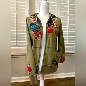 Lucky Brand Embroidered Khaki Green Zip Front Hoodie Sweatshirt Size Large